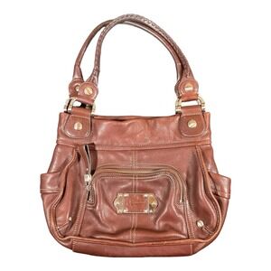 B. Makowsky Brown Leather Satchel Handbag Silver Hardware Magnetic Closure Purse